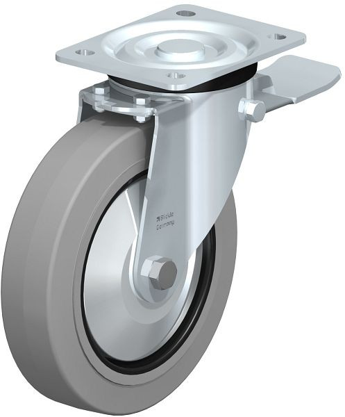 Blickle L-POEV 200K-ST-SG-FA Stahlblech-Lenkrolle, mittelschwere Ausführung, mit Anschraubplatte & Feststeller, Elastik-Vollgummi, Grau, 749376