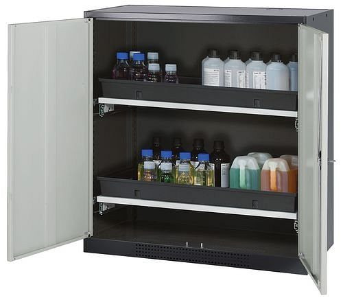 asecos Chemikalienschrank Systema-T CS-102, Korpus anthrazit, Flügeltüren grau, 2 Tablarauszüge, 208655