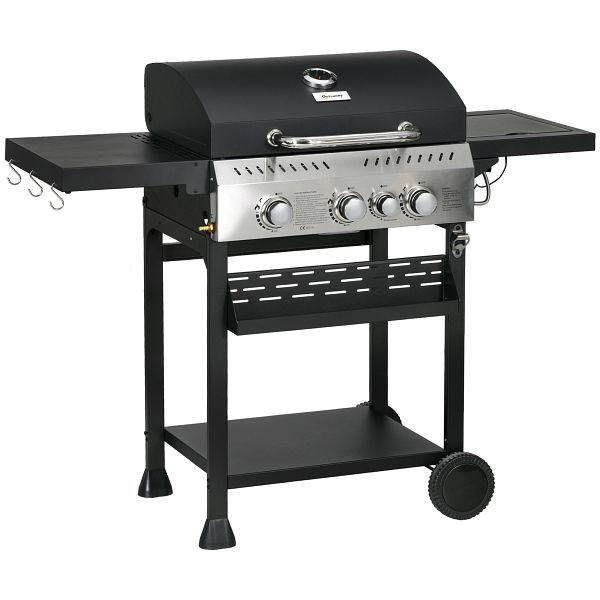 Outsunny Gasgrill, BBQ-Grill, 4 Hauptbrenner, 1 Seitenkocher, 1 Warmhalteplatte; 123 x 52 x 101cm, Schwarz, 846-136V91BK