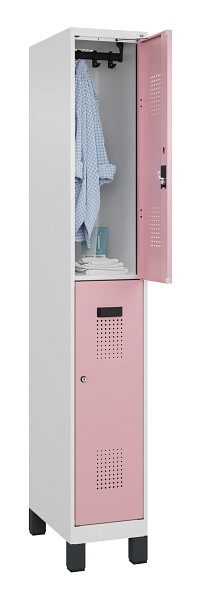 C+P Doppelstöckiger Spind Evolo PLUS, mit Füßen, 2 Fächer, 1950x300x500mm, 9016, Frontfarbe RAL 3015 Hellrosa, Zylinderschloss, 049310-10 S10045