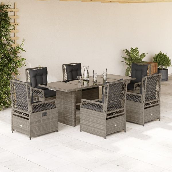 vidaXL 7-teilig Garten-Essgruppe mit Kissen Hellgrau Poly Rattan, 3262940