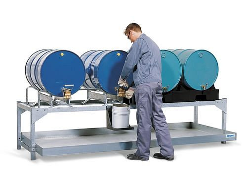 DENIOS Abfüllstation AS-P aus Stahl, verzinkt, mit 2 Fasspaletten aus PE, für 4 Fässer à 200 Liter, 199888