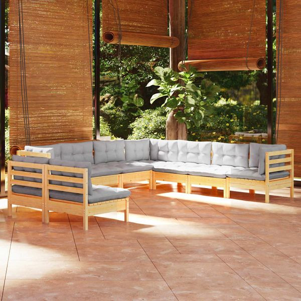 vidaXL 9-teilig Garten-Lounge-Set mit Grauen Kissen Massivholz Kiefer, 3096826