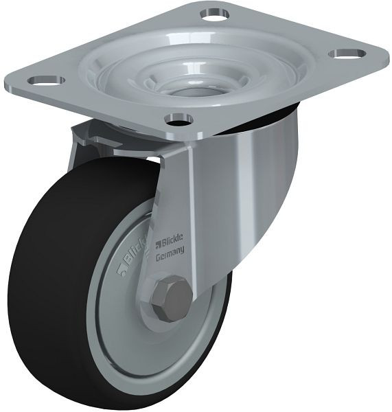 Blickle LE-PATH 80K-FK Stahlblech-Lenkrolle mit Anschraubplatte, Thermoplastisches Polyurethan, Grau, 754484