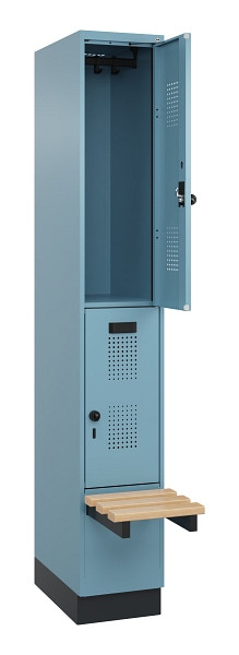 C+P Doppelstock-Spind Evolo PLUS, Bank, 2 Fächer, 1950x300x815mm, 0010/0010, Drehriegel, Sitzfläche Buche-Hartholz, mit Sockel, 049340-10 S10021