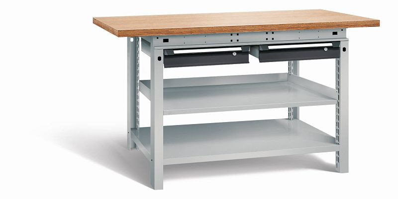 Otto Kind Werkbank Serie function Typ 209, Multiplexplatte 40 mm, überstehend, 2 Schubladen 120 mm, Gehäuse RAL 9006, Front RAL 9005, 07233923N