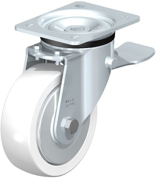 Blickle LK-SPO 150K-ST-FA Stahlblech-Lenkrolle, schwere Ausführung, mit Anschraubplatte & Feststeller, Polyamid, Weiß, 25676