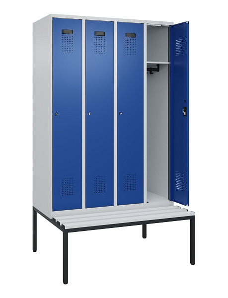 C+P Spind Evolo PLUS, 4 Abteile, 2120x1200x815mm, 7035/5010, Haken 3, Zylinderschloss, Sitzfläche Kunststoff, Sitzbank, 0490507-40 S10087