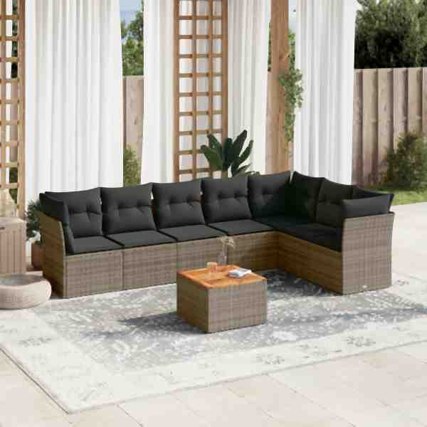 vidaXL 8-tlg. Garten-Sofagarnitur mit Kissen Grau Poly Rattan, UV-beständig, 3256011