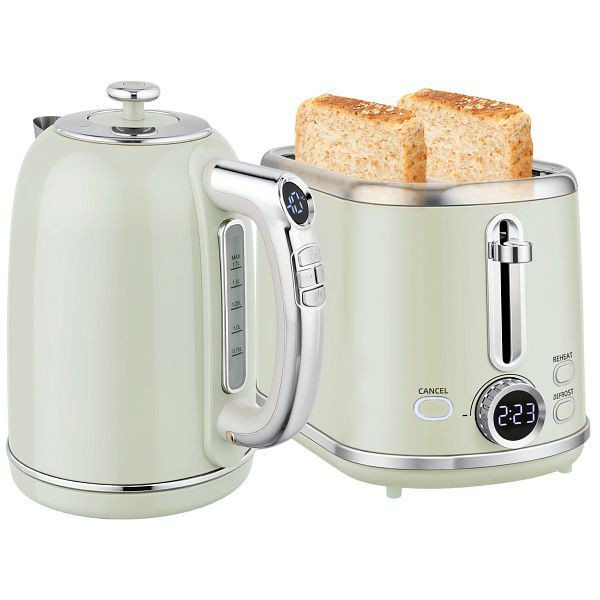 HOMCOM Wasserkocher- und Toaster-Set, LED-Anzeige, 1,7 Liter, 2200 W, Retro-Design, Memory-Funktion, Grau, 800-286V90GY