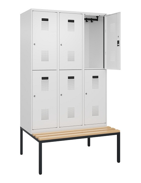 C+P Doppelstock-Spind Evolo PLUS, Bank, 6 Fächer, 2120x1200x815mm, 9016/9016, Zylinderschloss, Sitzfläche Buche-Hartholz, Sitzbank, 0493507-32 S10047