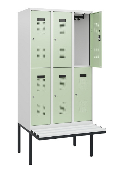 C+P Doppelstock-Spind Evolo PLUS, Bank, 6 Fächer, 1950x900x815mm, 9016/6019, Zylinderschloss, Sitzfläche Kunststoff, 0493405-30 S10154