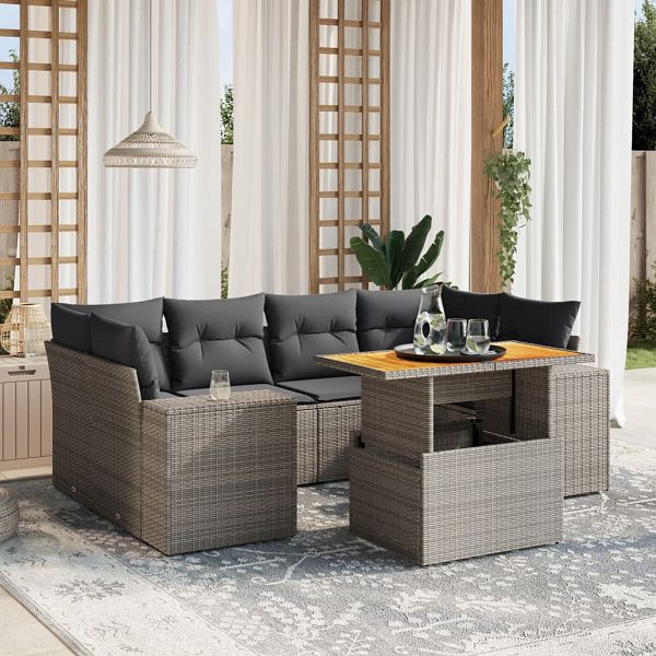 vidaXL 7-teilig Garten-Sofagarnitur mit Kissen Grau Poly Rattan, 3272537