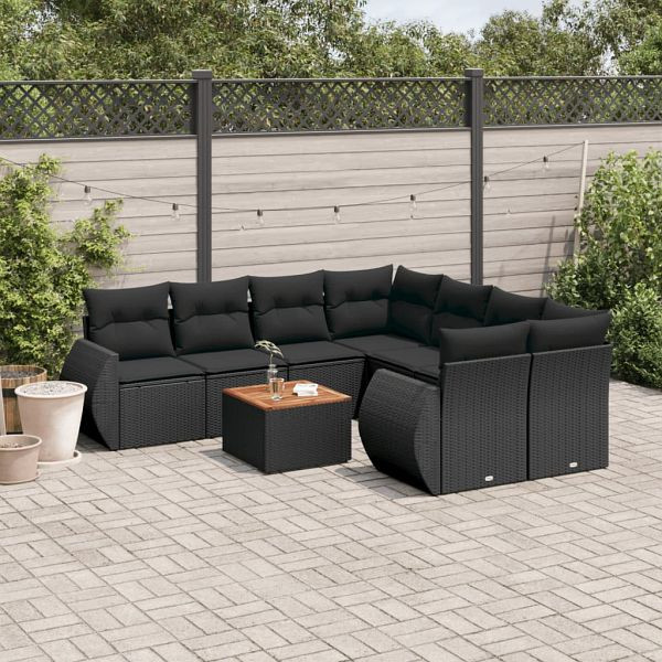 vidaXL 9-teilig Garten-Sofagarnitur mit Kissen Schwarz Poly Rattan, 3224928