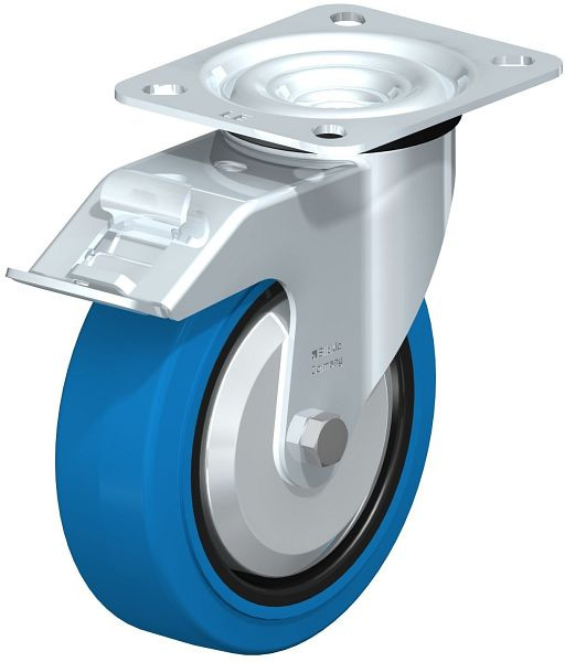 Blickle LE-POEV 125K-FI-SB-FA Stahlblech-Lenkrolle mit Anschraubplatte & Feststeller, Elastik-Vollgummi, Blau, 749596