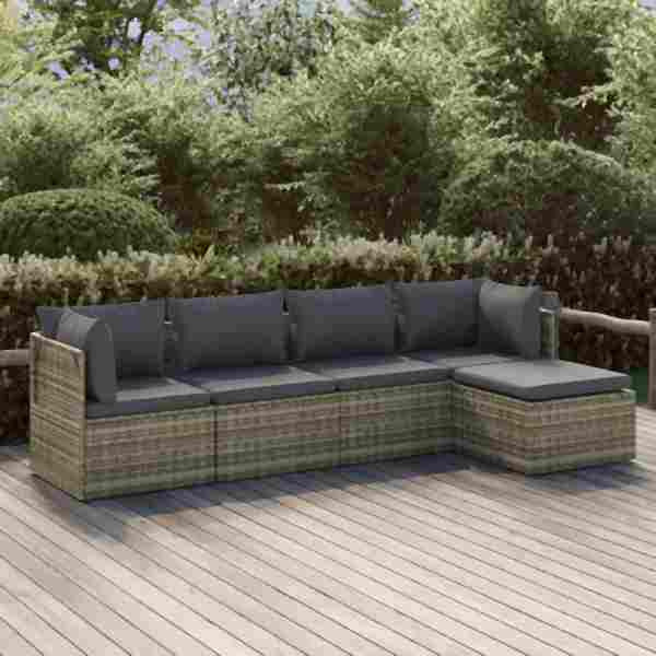 vidaXL 5-tlg. Garten-Lounge-Set mit Kissen Grau Poly Rattan, 3157319