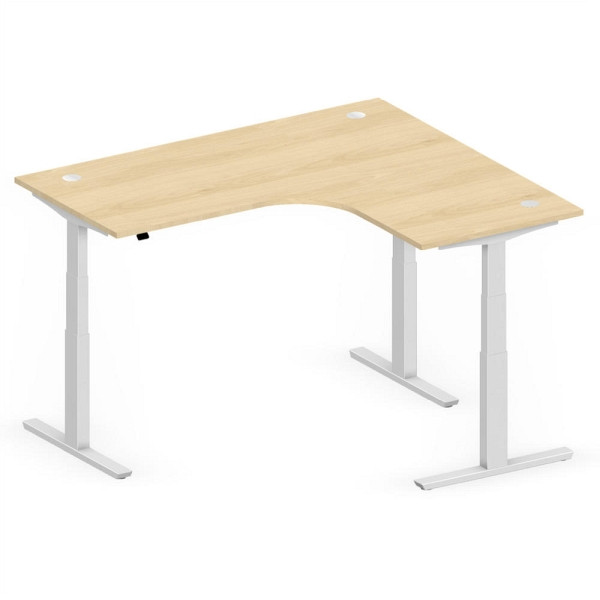 Deskin XXL Sitz-/ Stehschreibtisch Jumbo MULTI M, Buchedekor, T-Fuß-Stahlgestell in Alusilber RAL 9006, rechtsseitig geformt, 295105