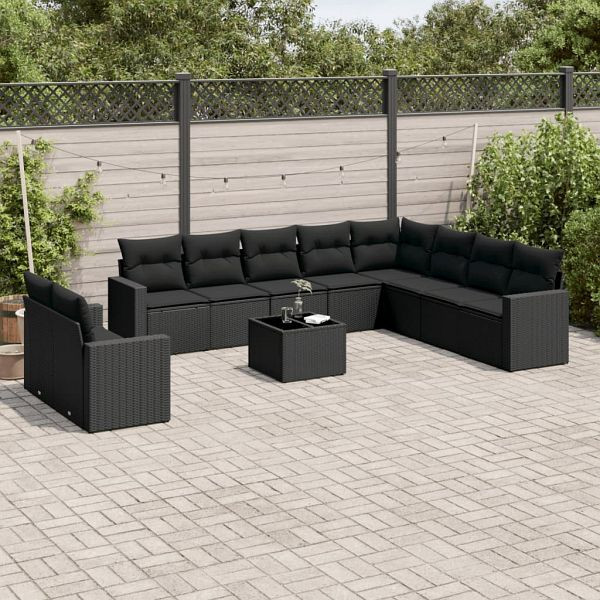 vidaXL 11-teilig Garten-Sofagarnitur mit Kissen Schwarz Poly Rattan, 3219165