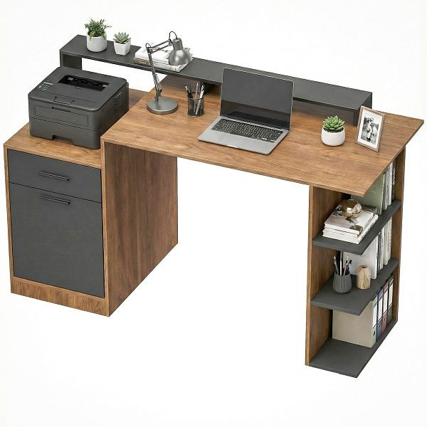 HOMCOM Computertisch mit Stauraum und Regalen, Moderner Schreibtisch für Büro und Arbeitszimmer, 140 cm, Eiche, 836-644V90AK