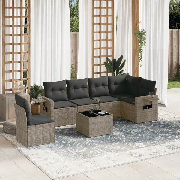 vidaXL 7-teilig Garten-Sofagarnitur mit Kissen Grau Poly Rattan, 3220239
