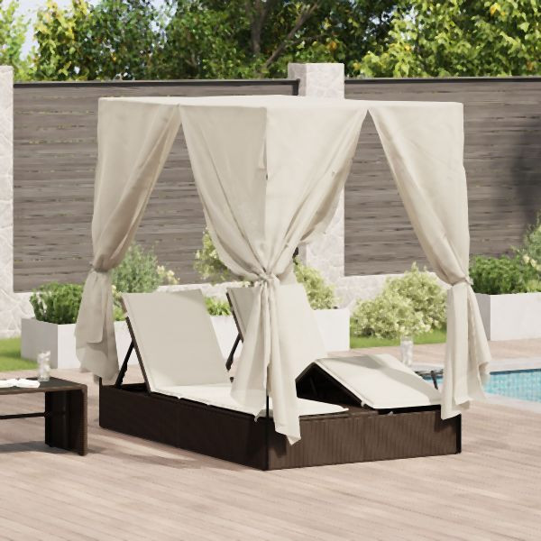 vidaXL Doppelliege mit Dach und Vorhängen Braun Poly Rattan, 3376128
