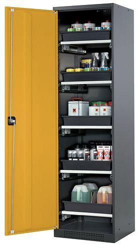 asecos Chemikalienschrank Systema-T CS-55L, Korpus anthrazit, Flügeltüren gelb, 5 Tablarauszüge, 208946