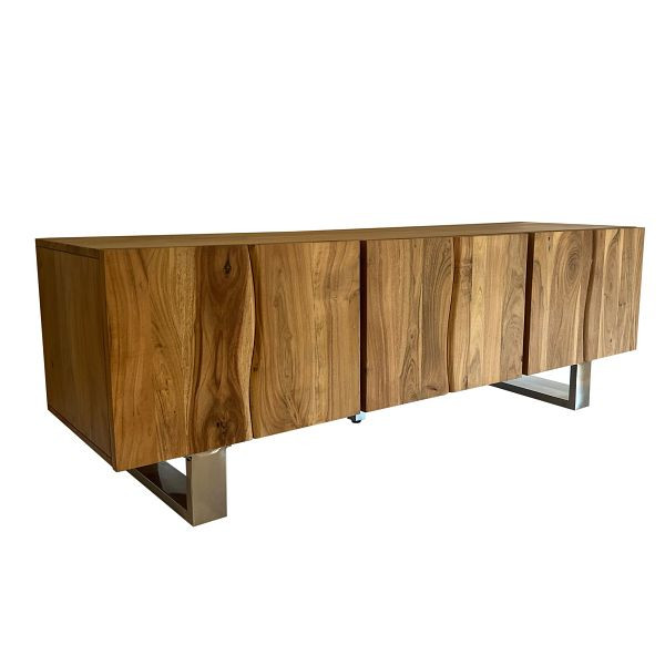 Wohnling Lowboard Akazie Massivholz 160x56x46cm TV-Kommode mit drei Türen, Design Hoch, Fernsehtisch Fernsehschrank Modern mit Metallbeine, WL7.028