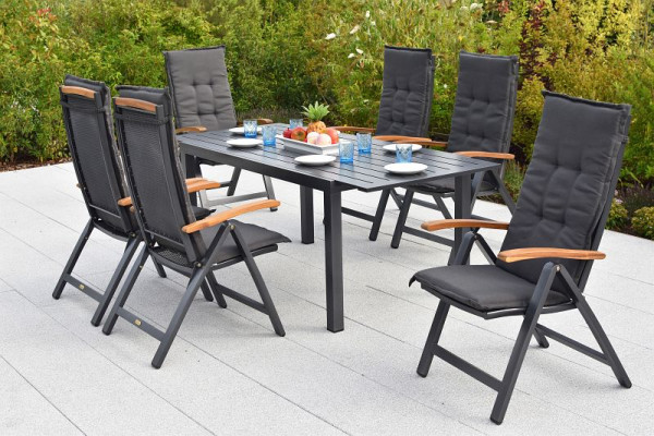 Merxx Tilos Set 13-teilig, 6 Tilos Klappsessel, 6 Kissen, uni grau, 1 Ausziehtisch Vollalu, 150 (200) x 90 cm, Aluminium mit FSC Akazienholz, 50126-800