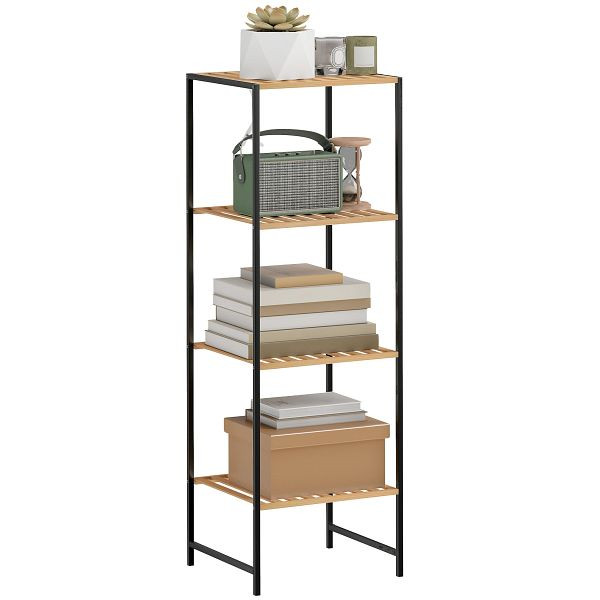 HOMCOM Standregal Badregal aus Bambus und Stahl, mit 4 Ablagen, 4-stöckiges Bücherregal, 36,5 x 33 x 110 cm, Natur, 838-595V00ND