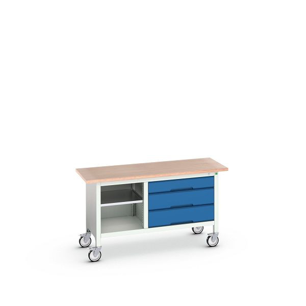 bott verso mobile Kastenwerkbank mit offenem Schrank / Schubladenschrank mit 3 Schubladen, BxTxH: 1500x600x830mm, Lichtgrau / Enzianblau, 16923213.11