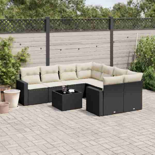 vidaXL 9-tlg. Garten-Sofagarnitur mit Kissen Schwarz Poly Rattan, UV-beständig, 3218746
