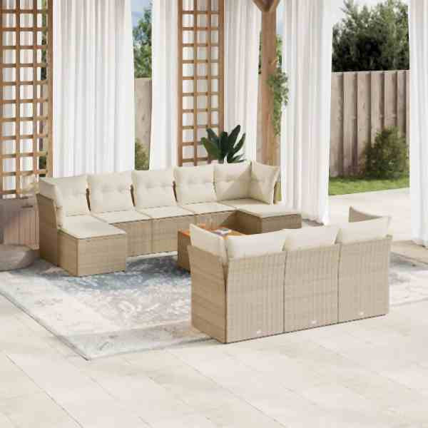 vidaXL 11-tlg. Garten-Sofagarnitur mit Kissen Beige Poly Rattan, UV-beständig, 3256212