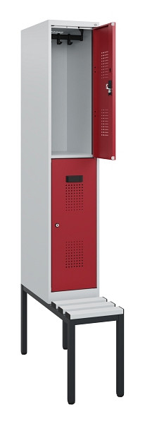 C+P Doppelstöckiger Spind Evolo PLUS, Bank, 2 Fächer, 1950x300x815mm, 7035/3003, Zylinderschloss, Sitzfläche Kunststoff, Sitzbank, 0493505-10 S10139