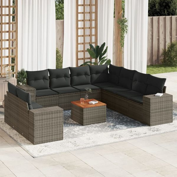 vidaXL 10-teilig Garten-Sofagarnitur mit Kissen Grau Poly Rattan, 3225514