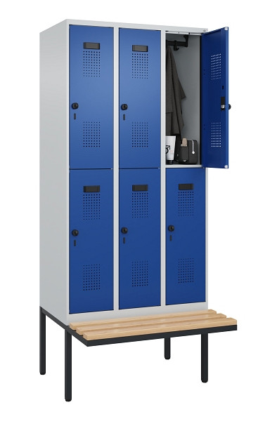 C+P Doppelstock-Spind Evolo PLUS, Bank, 6 Fächer, 2120x900x815mm, 7035/5010, Drehriegel, Sitzfläche Buche-Hartholz, 0493407-30 S10006