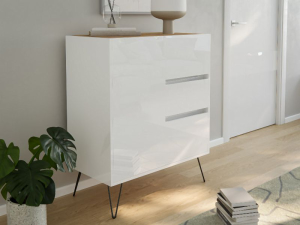 Posseik Sideboard Industrial K 80cm 3 Schubladen 1 Tür Weiß/Eiche Top, PN2088X0000059DE