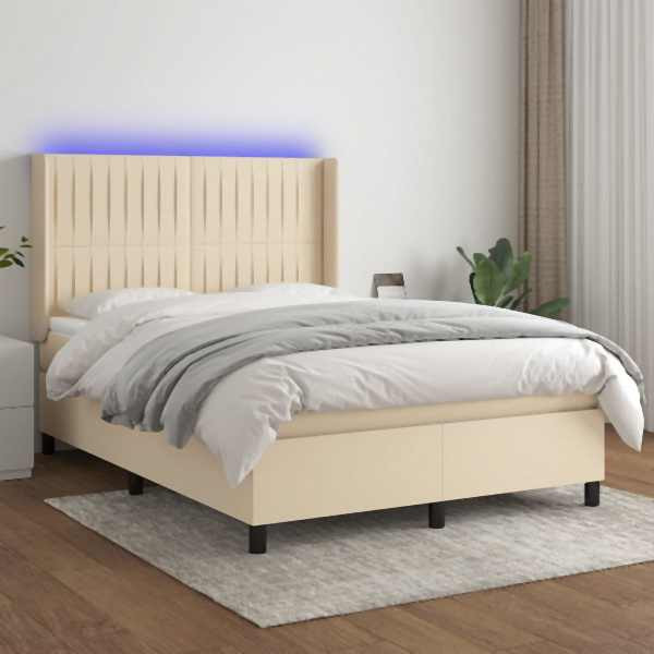vidaXL Boxspringbett mit Matratze & LED Creme 140x190 cm Stoff, 3138474