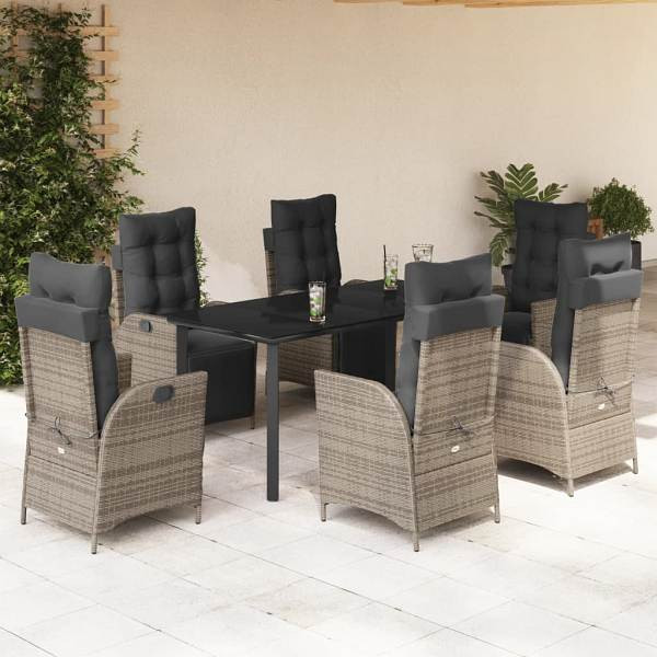 vidaXL 7-tlg. Garten-Essgruppe mit Kissen Grau Poly Rattan, UV-beständig, 3213431