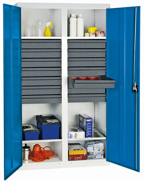 stumpf Werkzeugschrank, Höhe 180 cm, mit 2 Abteilen, 4 ausziehbare Wannenböden, 14 Schubladen, lichtgrau / lichtblau, 3004478