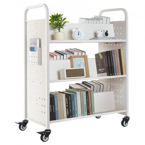VEVOR Bücherwagen, 150kg, 97x51,5x122,5cm, Doppelseitiges W-Regal mit Bremsrollen, für Wohnzimmer, Büro, Schule, Weiß, WXTSGTCB330LUQQ0G001V0