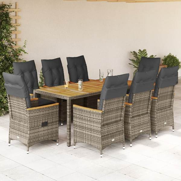 vidaXL 9-tlg. Garten-Essgruppe mit Kissen Grau Poly Rattan, UV-beständig, 3276851