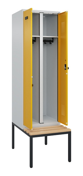 C+P Schwarz-Weiß-Spind Evolo PLUS, Bank, 2 Abteile, 2120x600x815mm, 7035/1004, Drehriegel, Sitzfläche Buche-Hartholz, Sitzbank, 0490527-20 S10000