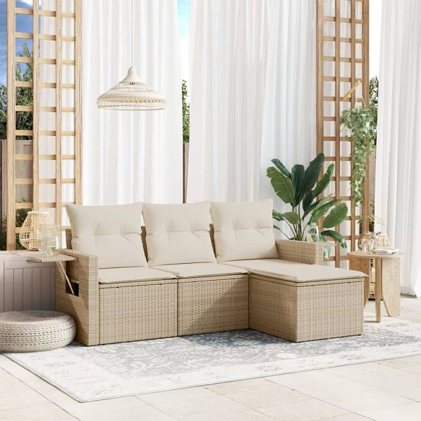 vidaXL 4-teilig Garten-Sofagarnitur mit Kissen Beige Poly Rattan, 3220067