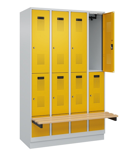 C+P Doppelstock-Spind Evolo PLUS, Bank, 8 Fächer, 1950x1200x815mm, 7035/1004, Zylinderschloss, Sitzfläche Buche-Hartholz, mit Sockel, 049340-40 S10027