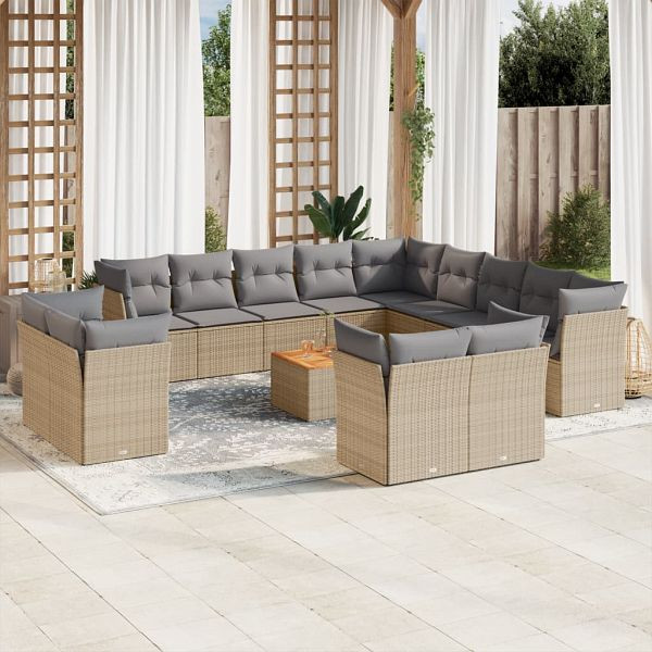 vidaXL 14-teilig Garten-Sofagarnitur mit Kissen Beige Poly Rattan, 3223959