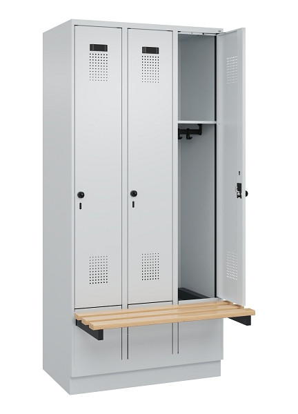 C+P Spind Evolo PLUS, 3 Abteile, 1950x900x815mm, 7035/7035, Drehriegel, Sitzfläche Holz, Sitzbank auskragend Sockel, 049040-30 S10013
