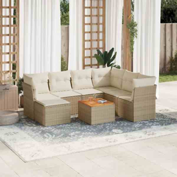 vidaXL 8-tlg. Garten-Sofagarnitur mit Kissen Beige Poly Rattan, UV-beständig, 3256093