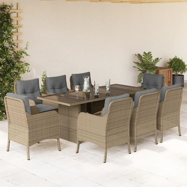 vidaXL 9-teilig Garten-Essgruppe mit Kissen Beige Poly Rattan, 3211889