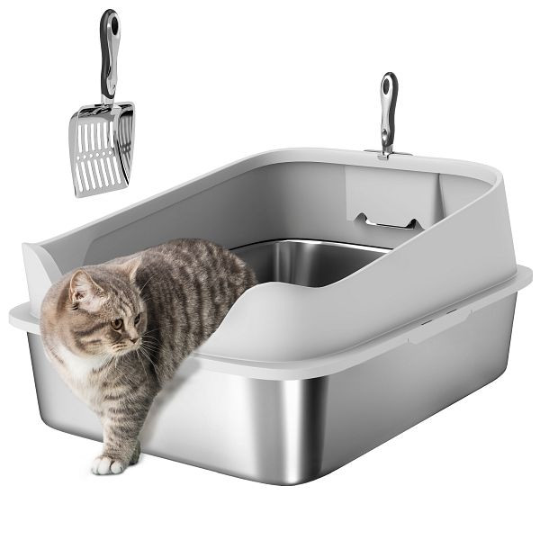 PawHut Katzentoilette Edelstahl Offene Katzenklo mit Schaufel hohem Rand für große Katzen bis 12 kg 69,8 x 50,3 x 29,8 cm, D31-134V02GY