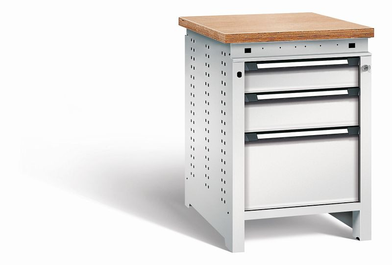 Otto Kind Werkbank Serie function Typ 106, Multiplexplatte, bündig, 3 Schubladen, mit Zentralverschluss, komplett RAL 7035, 072323117